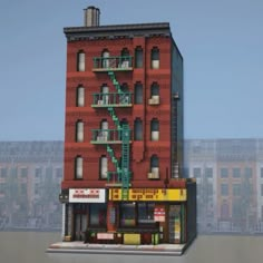 a tall red brick building sitting on top of a parking lot next to a green fire hydrant