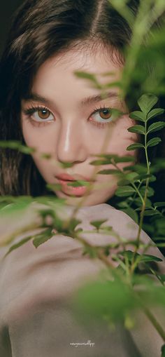 a young woman with blue eyes is looking at the camera through some green plants and leaves