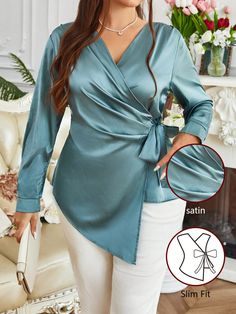 Plus Size Women's Solid Color V-Neck Twist Side Waist Long Sleeve Blouse, Spring Summer Green Elegant  Long Sleeve Woven Fabric Plain Top Non-Stretch  Women Plus Clothing, size features are:Bust: ,Length: ,Sleeve Length: Elegant V-neck Blouse In Solid Color, Elegant Blue V-neck Blouse Piece, Green V-neck Formal Blouse, Purple V-neck Formal Blouse, Knitting Yarn Diy, Casual Turquoise V-neck Blouse, Pyjama Satin, Summer Green