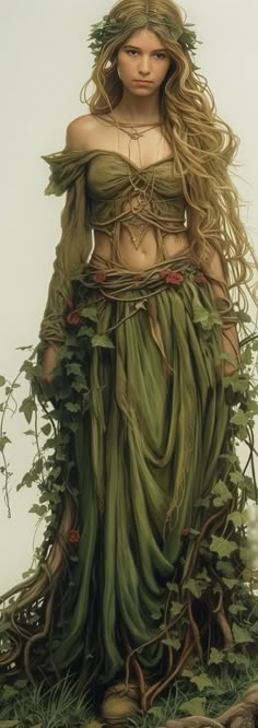 a painting of a woman with long hair and green dress standing in the middle of grass