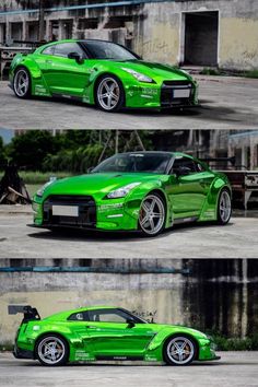 the green sports car is parked in front of an old building and has two different views