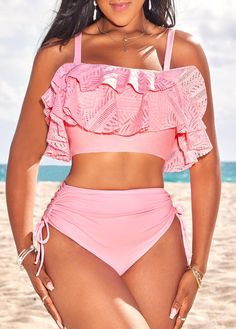 ROTITA Patchwork Light Pink High Waisted Bikini Set Light Pink Swimwear, Swimsuits Pink, Shapewear Swimsuit, Pink Bathing Suits, Swim Skirt, Womens Bathing Suits, Really Cute Outfits, Suit Fashion, Women Swimsuits