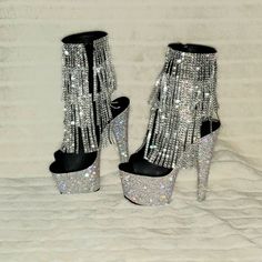 BEJEWELED COLLECTION BY PLEASER These sparkle in multi-color(iridescent stones) pictures just can not capture how brilliant they truly are! 7"(17.75cm) Heel, 2 3/4"(7cm)  Platform Open Toe/Heel Fringe Ankle Boot  3-Layer Chrome Plated Simulated Rhinestone Fringe  Iridescent Rhinestones Encrust the Entire Platform Bottom Inside Zip Closure Soft Cushioned Foot-bed For Extra Comfort For Your Night Sizes 5 or 10( NY Warehouse) Email us with any questions or Concerns BEFORE Placing Your Order. Last b Stones Pictures, Exotic Dancer Outfits Clubwear, Nike High Heels, Striper Outfits, Disney Princess Shoes, Diy Heels, Staple Shoes, Pleaser Heels, Trendy Heels