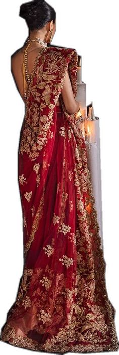 Chiffon Saree, Halter Neckline, Bridal Saree, Red Fabric, Embroidered Silk, Signature Design, How To Dye Fabric, Full Sleeve, Silk Blouse