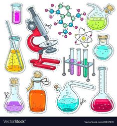 various laboratory equipment and beakles on a white background