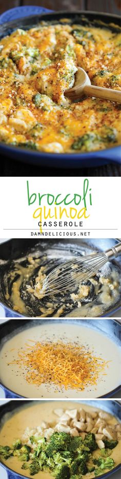 broccoli and quinoa casserole is shown in four different pans