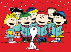 the peanuts gang singing together in front of a red background