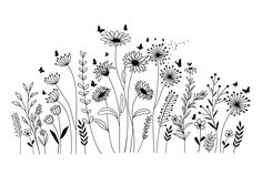 black and white drawing of flowers with butterflies