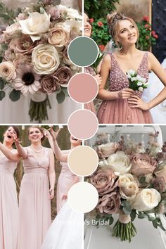 a collage of photos with different bridesmaid dresses, bouquets and flowers