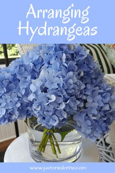 blue hydrangeas in a glass vase with text overlay that says arranging hydrangeas