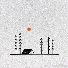 a camper's tent with trees and an orange ball in the sky