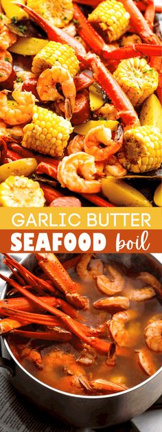 seafood boil with carrots and corn in a pan