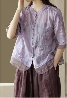 Size: One Size Length: 57.00 cm/ 22.44 " Bust: 107.00 cm/ 42.13 " Shoulder: 40.00 cm/ 15.75 " Sleeve: 31.00 cm/ 12.20 " Spring Embroidered Blouse With Stand Collar, Embroidered Spring Blouse With Stand Collar, Embroidered Stand Collar Blouse For Spring, Embroidered Blouse With Stand Collar For Spring, Summer Purple Half Sleeve Blouse, Fitted Summer Blouse With Stand Collar, Fitted Stand Collar Blouse For Summer, Spring Purple Half-sleeve Blouse, Fitted Shirt With Stand Collar For Spring