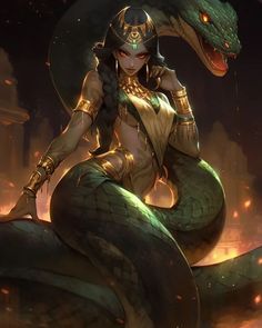 a woman sitting on top of a green snake