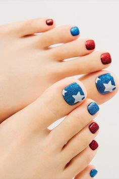 Fourth Of July Toenails, Patriotic Toe Nails, Holiday Toenails, Patriotic Pedicure, Glitter Pedicure Designs, Glitter Pedicure, Pedicure Design, Blue Toe Nails, Patriotic Nails Design