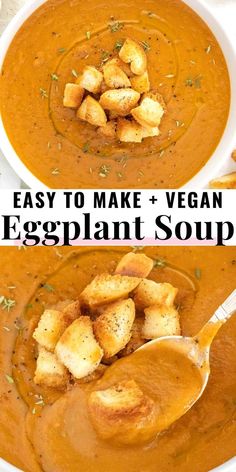 two bowls of eggplant soup with spoons in them and the title overlay says easy to make vegan eggplant soup