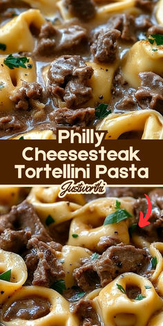 this is an image of philly cheesesteak tortelli pasta with beef