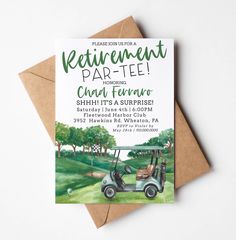 a retirement party card featuring a golf cart