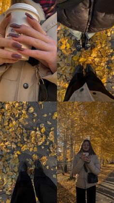 a woman holding a coffee cup while standing in the leaves with her hands on her hips