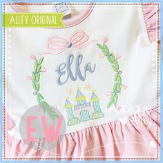 an embroidered shirt with the name ella on it and a castle in the middle is shown