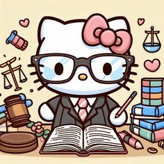 a hello kitty cartoon character sitting in front of an open book