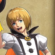 an anime character with blonde hair and blue eyes is holding a banana in his hand