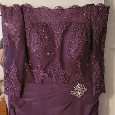 Long Plum Evening Dress Or Mother Of The Bride Dress Strapless With A Diamond Broach On The Side And Embroidery Size 14, 16 Only Worn Once Elegant Off-shoulder Dress For Mother Of The Bride, Purple Off-shoulder Dress With Fitted Bodice, Purple Off-shoulder Wedding Dress, Purple Evening Dress For Mother Of The Bride, Plum Evening Dress, House Dresses, Mother Of The Bride Dress, House Dress, Dress Formal