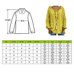 a women's yellow sweater with the measurements for it