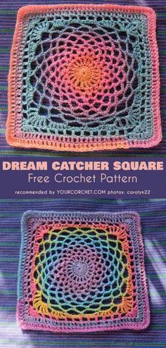 two square crocheted squares with the words dream catcher square