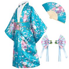 PRICES MAY VARY. Material:High quality satin polyester(Imitation silk) Package includes: Kimono robe , Belt, Backband, Silk folding fans，Hairstick -5 piece set Suit for: Daily wear ,Children party dress,Fun as birthday or holiday gifts,Halloween party uniforms, Cosplay party uniforms. A great costume or gift for festival and so on This kimono Yukata robe with classic traditional Japanese style will provide you a soft and comfortable experience.Luxurious silky feel and look, It is light weight an Childs Kimono, Kimono Dresses, Traditional Japanese Clothing, Attorney Outfit, Japanese Kids, Kimono Gown, Baby Costumes Girl, Kimono Japan, Dress Kimono