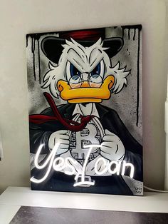 a painting of donald duck wearing a top hat and holding a cane with the word yeaheon on it