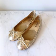 Brand New, Never Used. Flat Ballet Shoes. Gold Color, Snake Skin Texture. Leather Upper, Leather Insole, Rubber Outsole. Gold Flats With Cushioned Footbed, Gold Synthetic Flats With Round Toe, Gold Leather Flats With Round Toe, Gold Slip-on Flats With Cushioned Footbed, Gold Leather Ballet Flats With Round Toe, Gold Cushioned Slip-on Flats, Gold Sandals With Cork-bed Midsoles, Gold Slip-on Ballet Flats For Party, Gold Slip-on Flats With Closed Toe