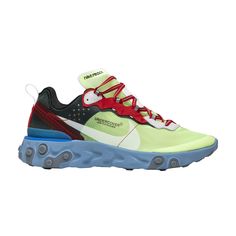 Find NIKE Undercover X React Element 87 'volt on Editorialist. Nike’s React Element 87 collaboration with Japanese brand UNDERCOVER debuted a quartet of new colorways in 2018, including this Volt version featuring a translucent textile upper atop a blue all-terrain sole unit. Distinguished by its deconstructed look, it sports layered panels with exposed stitching and rugged trail-style laces. Low-slung Swooshes and UNDERCOVER branding at the later midfoot complete the design. Green Running Shoes With Reflective Details For Sports, Green Low-top Sneakers With Shock Absorption, Functional Green Custom Sneakers For Streetwear, Green Sporty Sneakers With Shock Absorption, Yellow Sneakers With Shock Absorption For Streetwear, Functional Green Running Shoes For Streetwear, Nike Green Trail Running Sneakers, Nike Yellow Running Shoes For Trail, Nike Green Sneakers For Trail Running