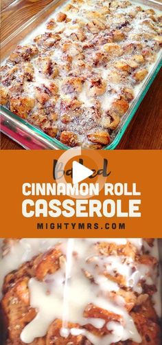 baked cinnamon roll casserole with white icing on top