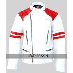 If you want to go for a posh and hip look, this trendsetting white men genuine leather jacket with red patches is the best thing for you this season. Looking at it, you will first notice the jacket's sheer style and the perfect combination of red and white. There are plenty of highlights in the jacket. Made with 100% genuine leather, the jacket comes with red shoulder patches and red pattern design on both arms. With a collarless, coat style lapel, the jacket has a side zip and stud epaulettes on the collar as well as the lapels. Moreover, there are four zipped pockets (two on each side). The Brando-style leather jacket is a must-have! At the Leather Skin Shop, our products are designed to perfection. With a meticulous eye for detail and a fusion of classic and contemporary leather jacket Names For Women, White Leather Jacket, Red Patch, Black Patch, Real Leather Jacket, Leather Skin, Genuine Leather Jackets, White Men, Red Pattern