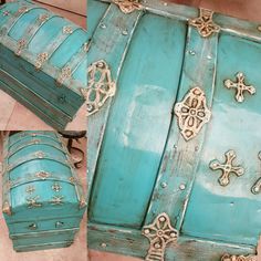 an old blue chest with ornate designs on it