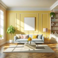 a living room with yellow walls and wooden flooring is furnished with a blue couch