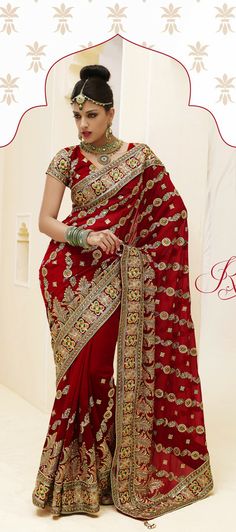 USD 92.03 Maroon Faux Georgette Embroidered Bridal Saree  32450 Bridal Lehenga Designs, Saree Models, Party Wear Sarees