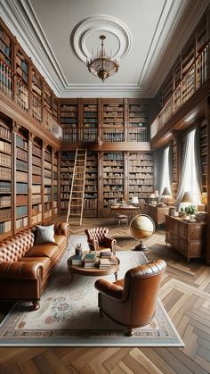 a living room filled with lots of brown furniture and bookshelves full of books