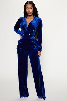 Available In Black And Royal. Velvet Jumpsuit Long Sleeve Collar Faux Button Detail Low V Detail Straight Leg Stretch Self :95% Polyester 5% Spandex Imported | Maryann Velvet Jumpsuit in Royal size 1X by Fashion Nova Royal Blue Jumpsuit Outfit, Blue Outfit Black Women, Blue Jumpsuits Outfit, Royal Blue Outfits, Jumpsuit Long Sleeve, Jumpsuit Long, Creative Shoes, Christmas Party Outfit, Velvet Jumpsuit