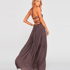 This Sexy Cross Back Halter Dress Is A Stunner Backless Brown Maxi Dress For Party, Brown Backless Maxi Dress For Party, Brown Backless Dress For Date Night, Chic Brown Maxi Dress For Night Out, Chic Brown Backless Maxi Dress, Brown Backless Dress For Vacation, Brown Maxi Dress For Date Night, Brown Backless Maxi Dress For Spring, Lace Tube Top