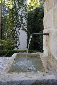 a water fountain in the middle of a garden