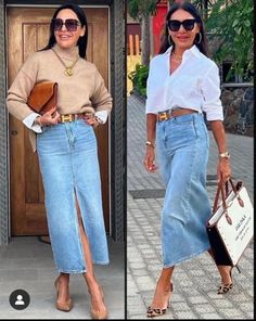 Casual Work Attire, Long Jean Skirt, Pencil Skirt Outfits, Denim Skirt Outfits, Long Denim Skirt