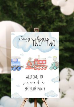 Watercolour birthday welcome sign, train theme. Chugga chugga two two welcome sign, birthday train theme, birthday party welcome sign, editable and printable party sign *This is strictly a digital copy but can be edited and printed at a print shop of your choice. Nothing will be shipped to you* This is a fully editable template via templett.com. Once purchased, you will receive an e-mail with how to download your purchase. Extremely user friendly but please message me if you have any questions. Please note that I do not offer any refunds but am more than happy to settle any issues you may have.  1. Purchase your template. 2. You will receive an email from Templett.com within minutes with a link to access your template(s). 3. Sign into template with the same e-mail you used to purchase. 4. 2 Year Train Birthday Party, Chugs Chugs Two Two, Chug Chug Two Two Birthday, Two Two Train Birthday Party, Chug A Chug A Two Two Birthday, Train 2nd Birthday Party Boys, Train Second Birthday Party, Chugs Chugs Two Two Birthday