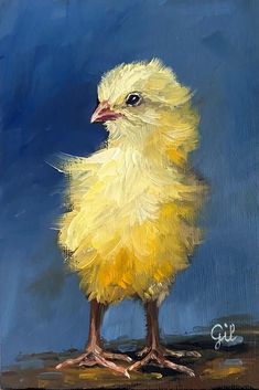 a painting of a small yellow chicken on a blue background