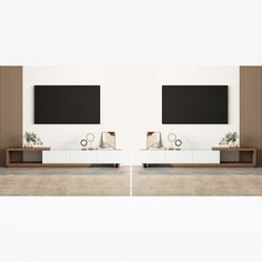 two identical images of a living room with white furniture and flat screen tv on the wall