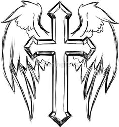 an angel cross with two wings on the top and one wing in the middle, drawn by