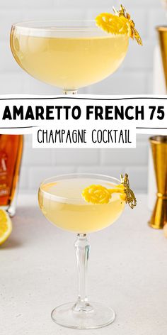 Two images showing the Amaretto French 75, a yellow colored cocktail, with a carved lemon peel in the shape of a flower as garnish. Text in the middle of the two images says "amaretto French 75 champagne cocktail". Gin And Champagne Cocktail, French 75 Variations, French Kiss Cocktail, Amaretto Cocktails Recipes, European Cocktails, Amaretto Martini, Lemon Cocktails, Chambord Cocktails, Classic Tequila Cocktails