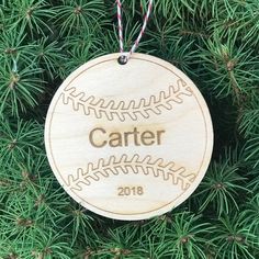 a wooden ornament hanging from a tree with the word carrier on it's side