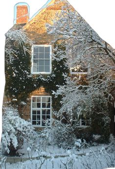 a house covered in snow next to trees and bushes